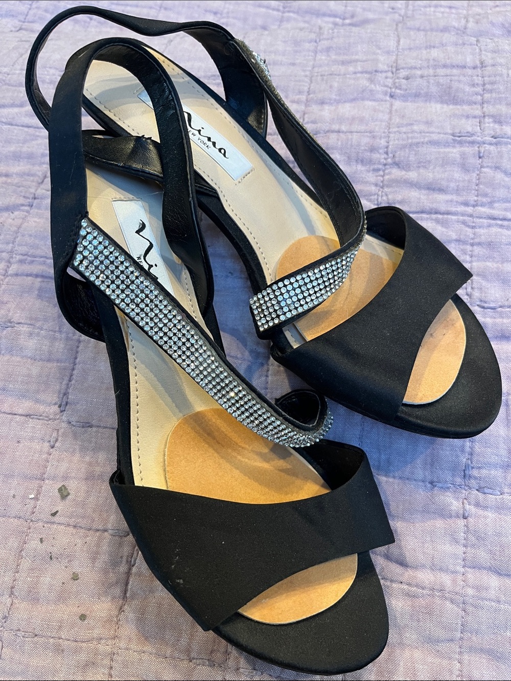Nina Black Satin Slingback Sandals with Rhinestone Straps